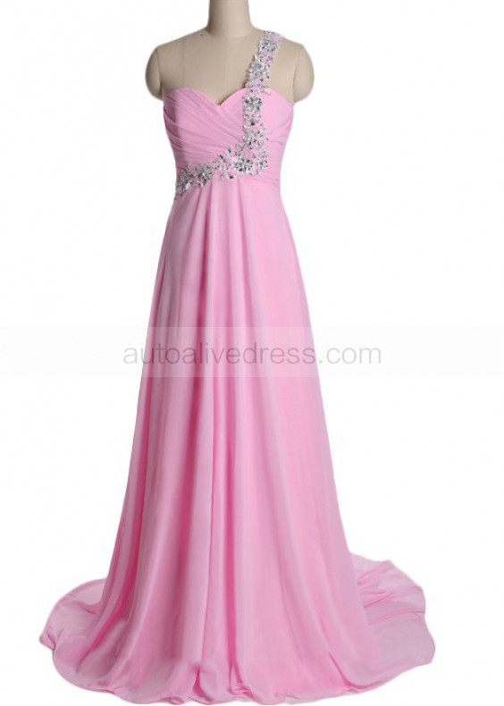 One Shoulder Chiffon Beads Long Prom Dress 